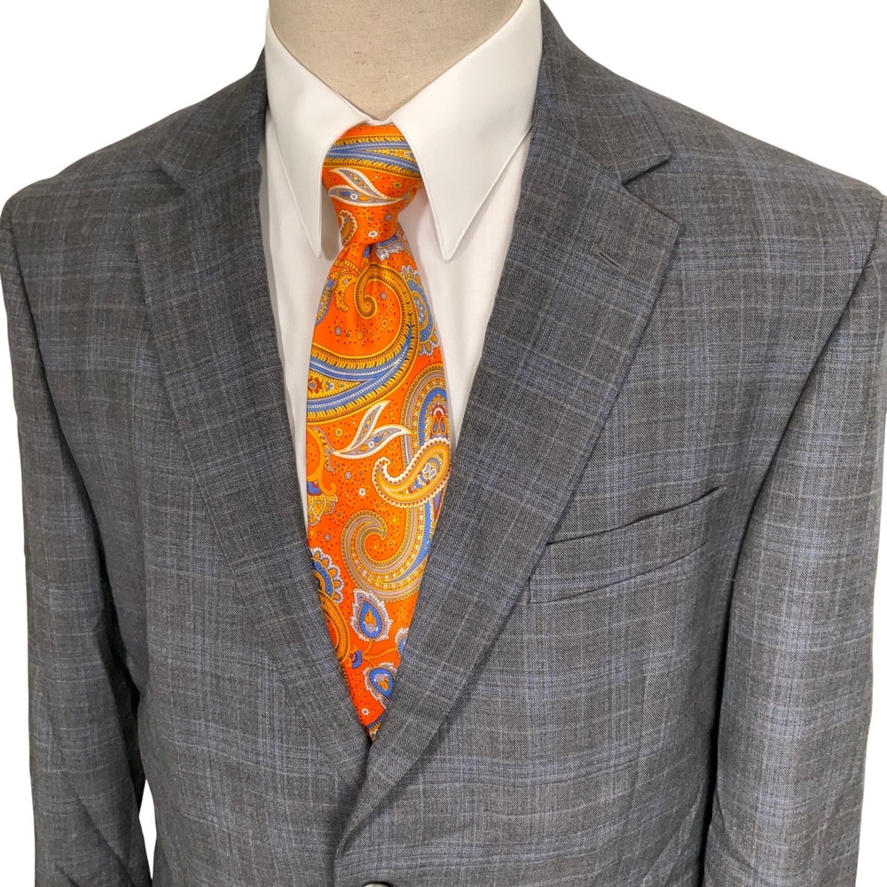 Jos. A. Bank Blazer Mens 43R Gray Blue Plaid Tailored Wool Stretch